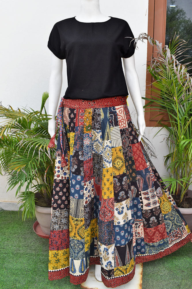 Beautiful Ajrakh Hand Block Printed Patch Work Cotton Long Skirt with Stitched borders