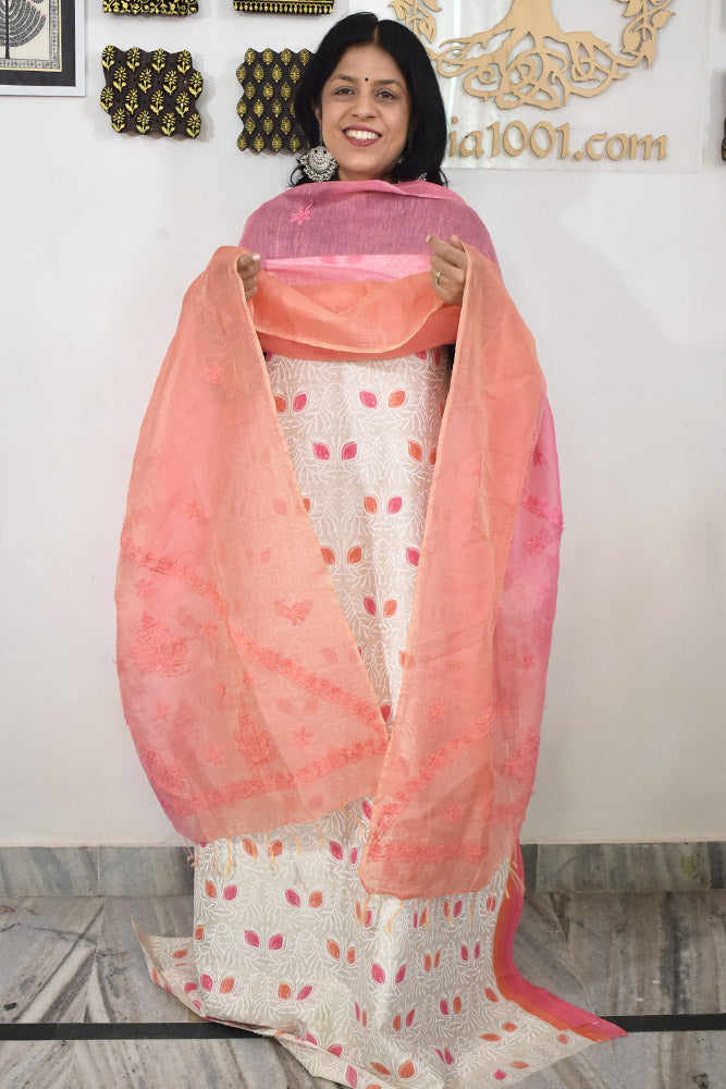 Elegant Hand Block print chanderi suit with linen silk chikankari dupatta