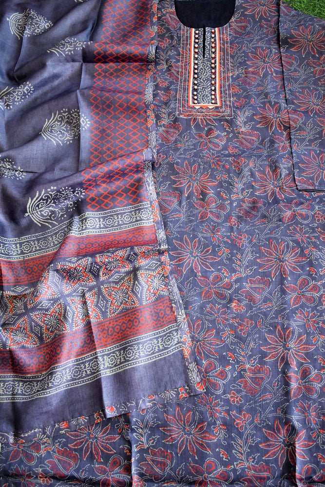 Semi Stitched Block Printed Tussar Silk Dupatta  & Tussar Kurta Fabric