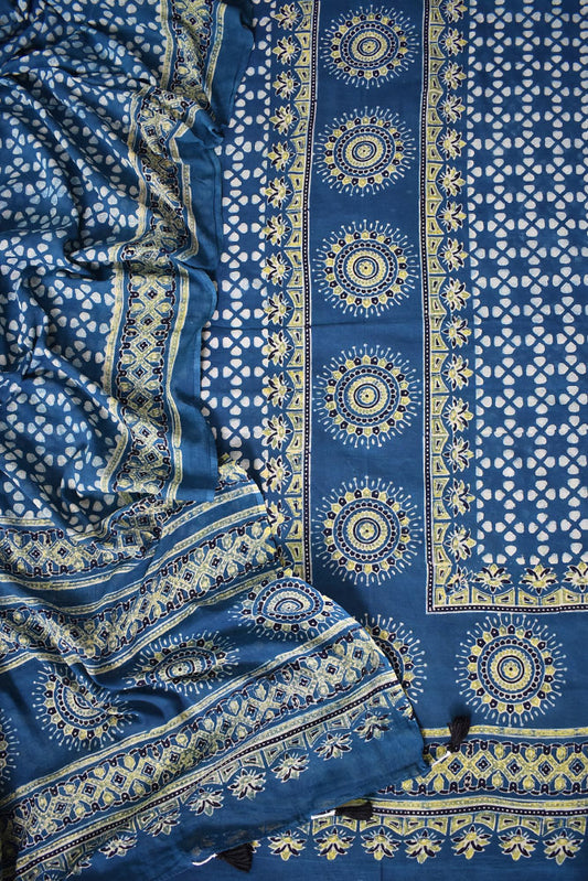 Designer Hand block printed Barmer Ajrakh soft Mul Cotton dupatta & cotton kurta fabric set