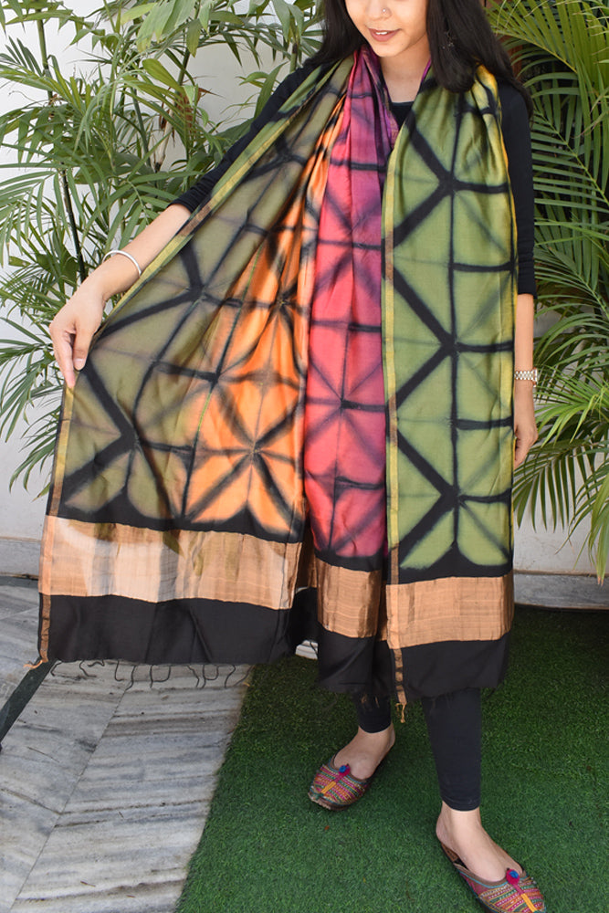 Clamp Dyed Chanderi Dupatta with Zari border and palla