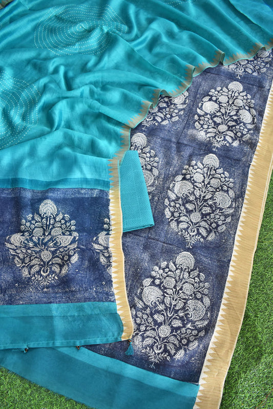 Beautiful Hand Block Printed Maheshwari Silk Cotton Unstitched suit fabric with Ghicha borders