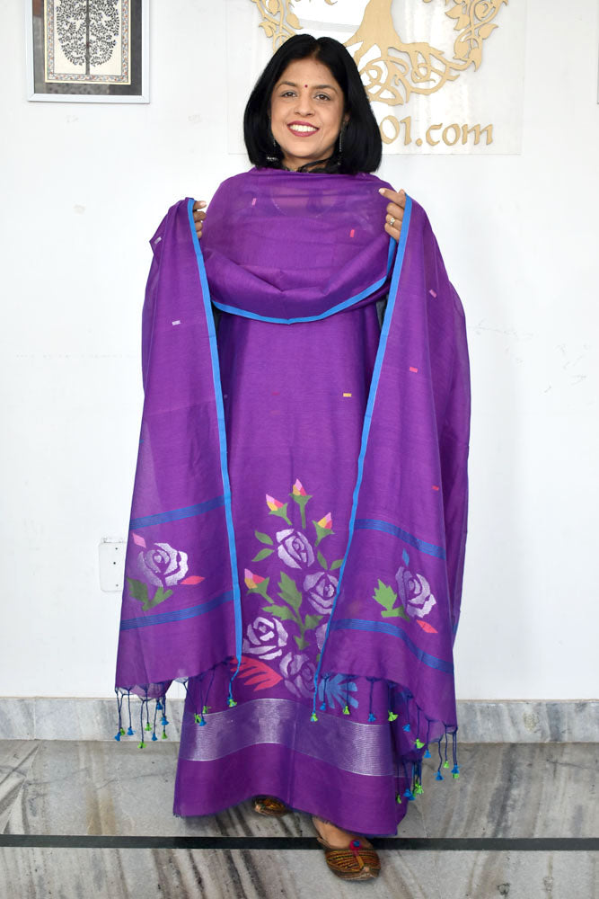 Kalakriti : Beautiful Hand Woven Soft Cotton Needle Jamdani Kurta Fabric & Dupatta set