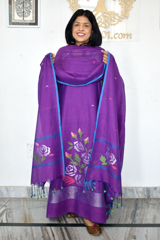 Kalakriti : Beautiful Hand Woven Soft Cotton Needle Jamdani Kurta Fabric & Dupatta set