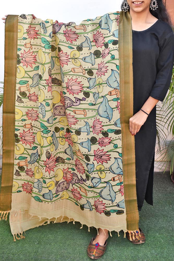 Beautiful Bangalore Cotton Silk Hand Painted Kalamkari Dupatta