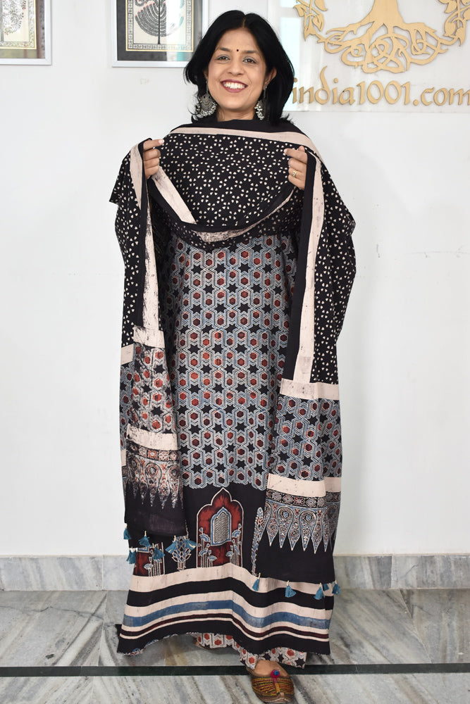 Block Print Ajrakh Cotton Suit with designer Ajrakh neck yoke /panel & Long Stole