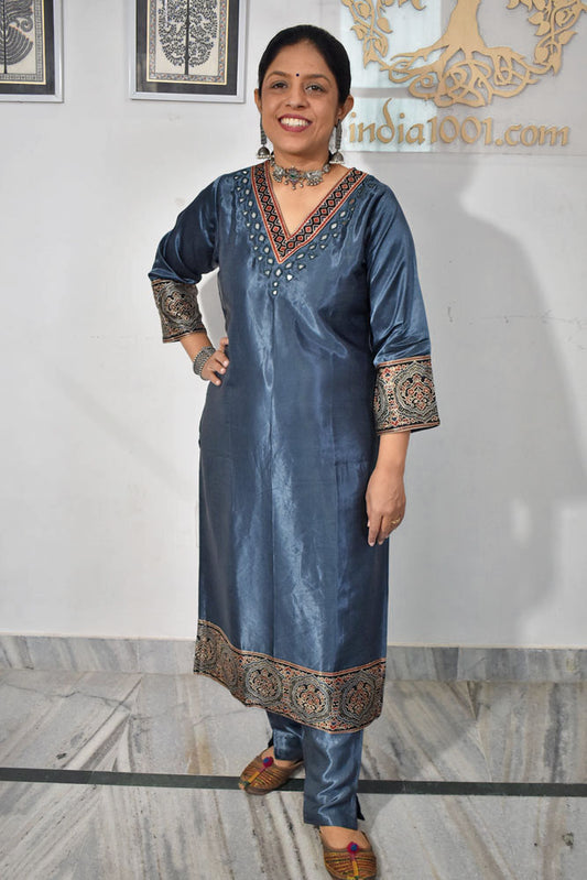 Beautiful Mashru Silk Kurta with Ajrakh patch Kutch & mirror work size with Mashru pant - 38 - 46