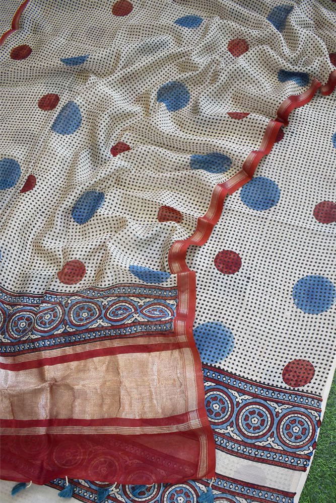 Beautiful Hand Block printed Kutch Ajrakh Chanderi Kurta and Lagdi patta dupatta set