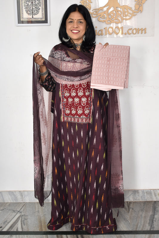 Elegant Handwoven Ikkat Cotton Unstitched Suit with Ajrakh patch ,Intricate Hand Embroidery block print  dupatta