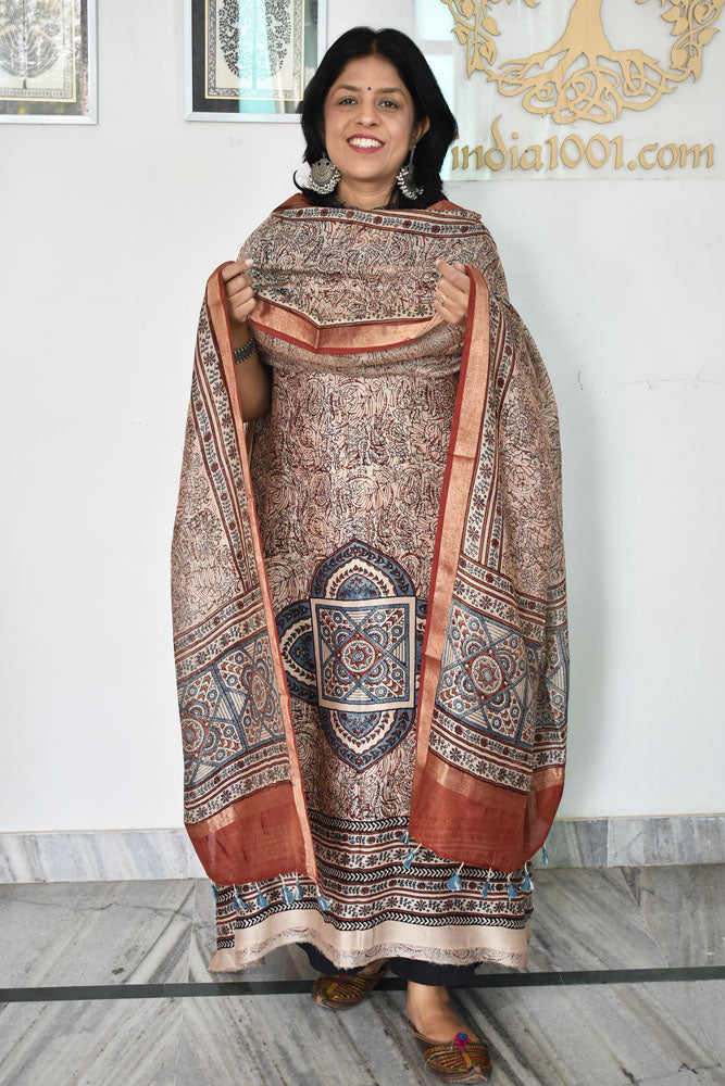 Beautiful Hand Block printed Kutch Ajrakh Chanderi Kurta and Lagdi patta dupatta set