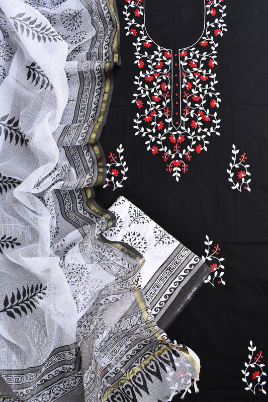 Elegant Cotton Unstitched Kurta withHand Phool Patti Work & Block printed Dupatta & Bottom - 3 pc Suit