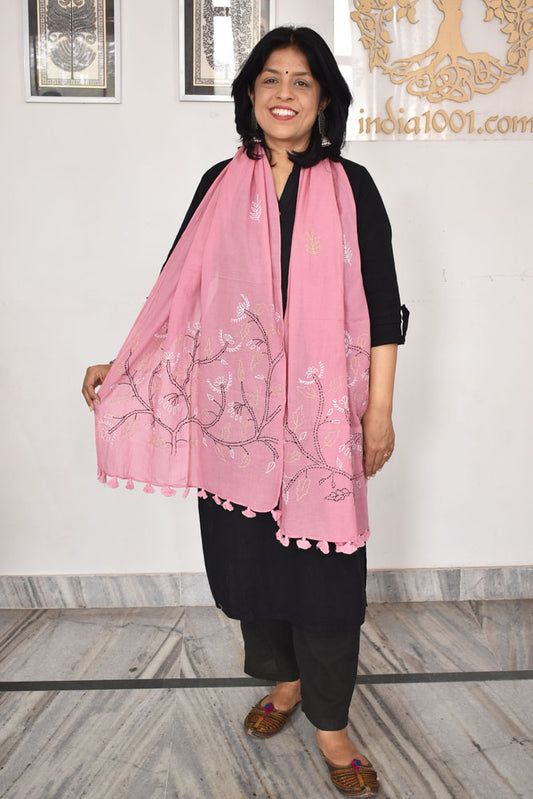 Beautiful Soft Cotton Voile Stole with Kantha work & hand embroidery & tassels