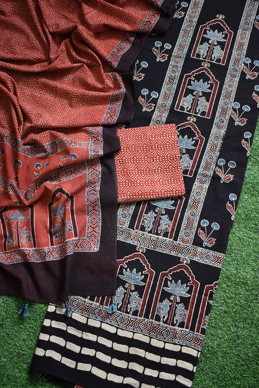 Hand Block Print Ajrakh Cotton Suit with designer Ajrakh neck yoke pattern