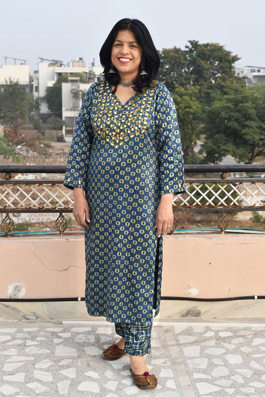 Beautiful Mashru Silk Kurta with Ajrakh block print & Kutch mirror work with Mashru Ajrakh pant - Size 38 - 48