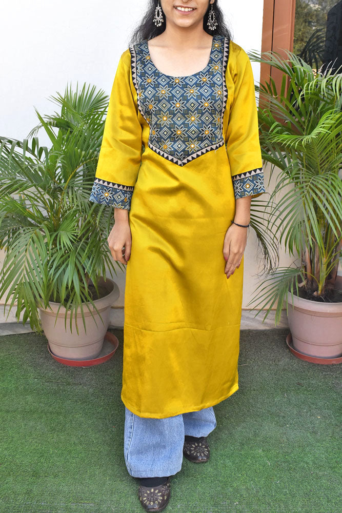 Beautiful Mashru Silk Kurta with Ajrakh patch & Kutch mirror work size - 38-44