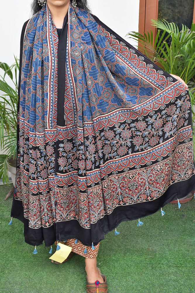 Elegant Modal Silk Ajrakh Block Print Dupatta with tassels