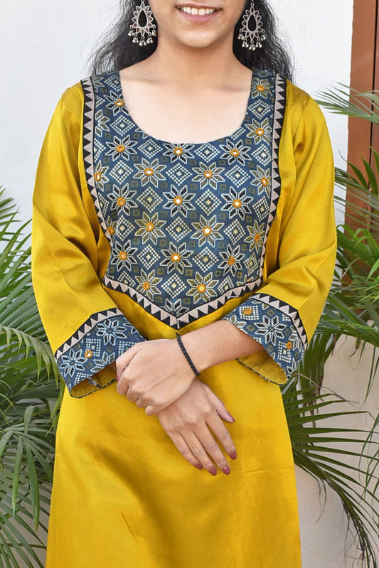 Beautiful Mashru Silk Kurta with Ajrakh patch & Kutch mirror work size - 38-44