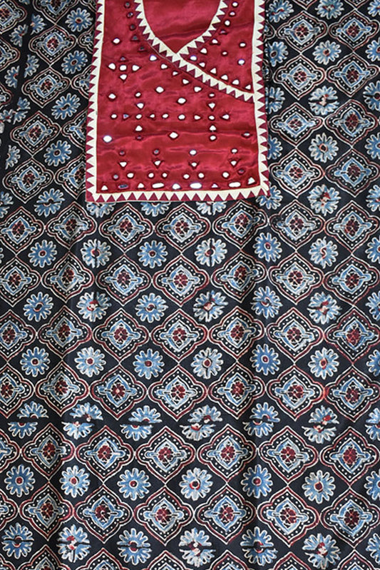 Designer Ajrakh Mashru Kurta Fabric with Kutch Mirror Work patch