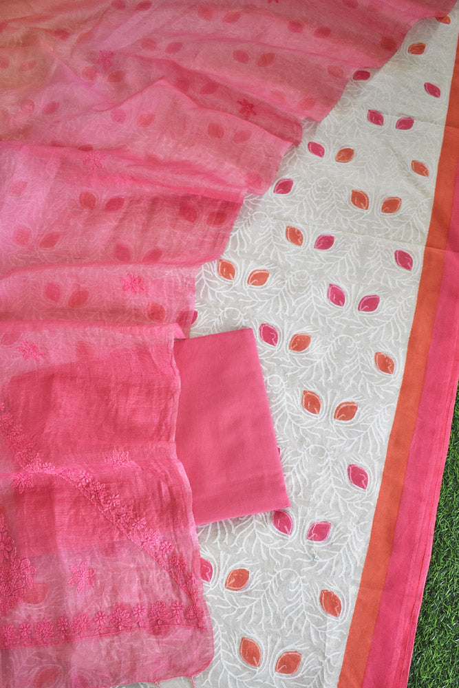 Elegant Hand Block print chanderi suit with linen silk chikankari dupatta