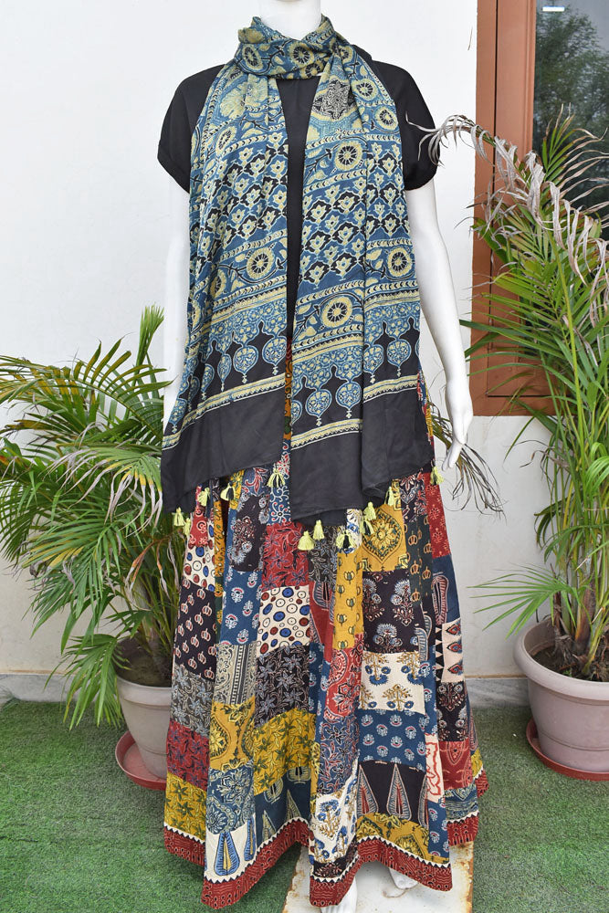 Beautiful Ajrakh Hand Block Printed Patch Work Cotton Long Skirt with Stitched borders