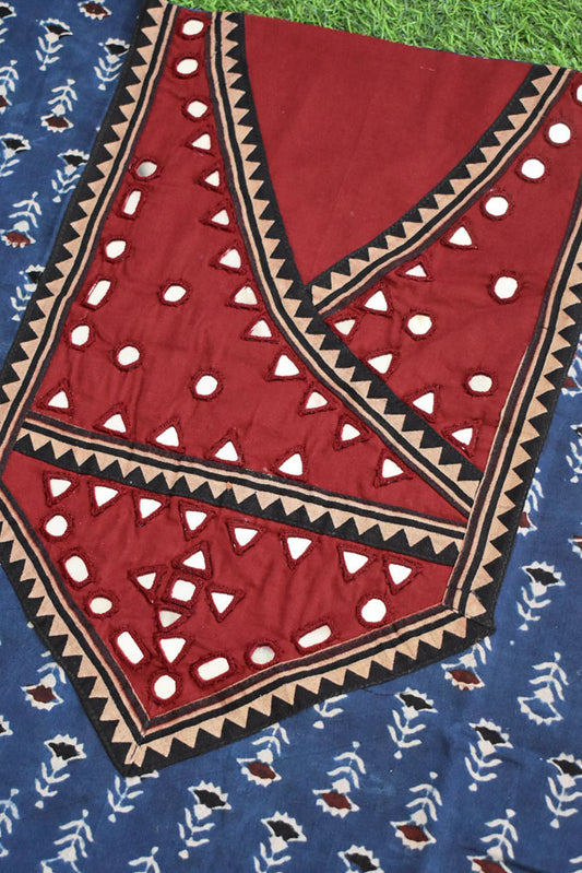 Designer Ajrakh Cotton Short Kurta Fabric with Kutch Mirror Work patch