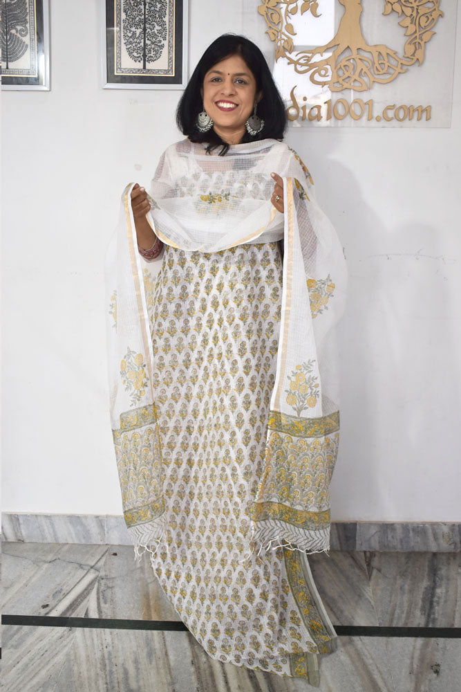 Beautiful Kota Doria cotton suit with Block print