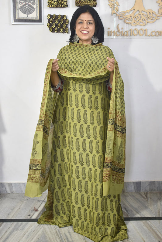 Bagh Hand Block Printed unstitched Mulburry silk cotton suit fabric With Chinon Dupatta