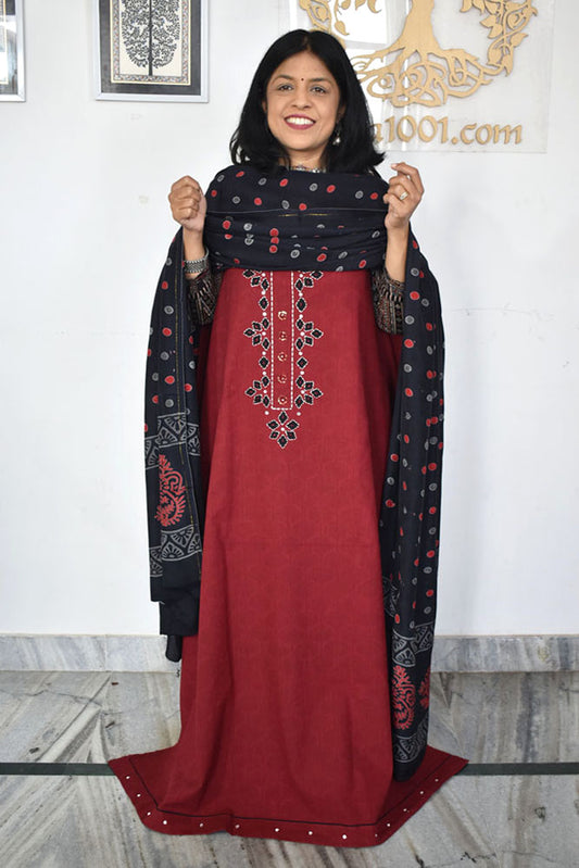 Beautiful  Cotton Unstitched Suit with Neck patch, Intricate Hand Embroidery & Block print Muslin dupatta