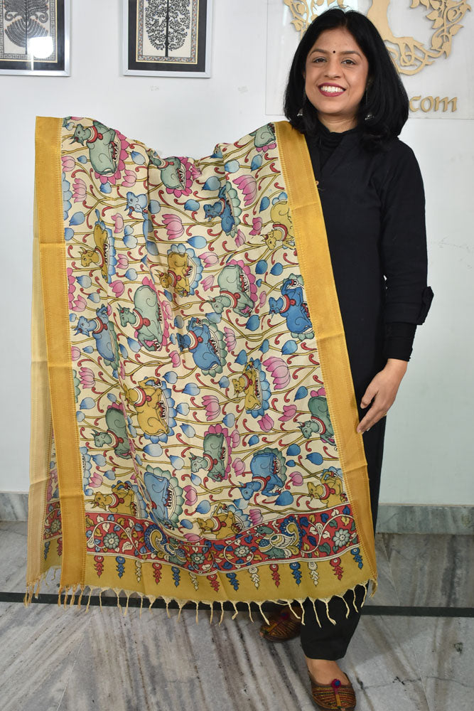 Beautiful Bangalore Cotton Silk Hand Painted Kalamkari Dupatta