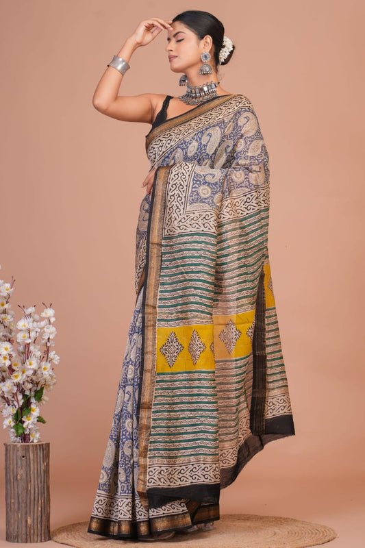 ज्यामिति : Elegant & Classic Hand Block Printed Bagru Maheshwari Silk Cotton Saree