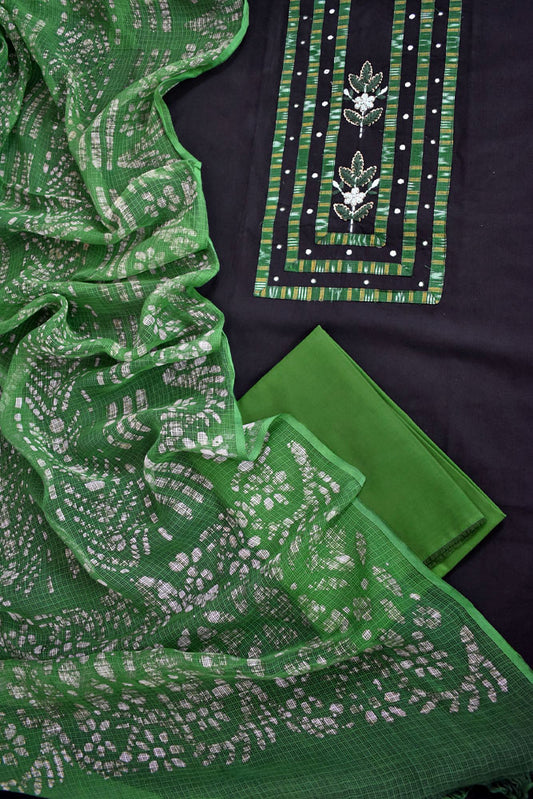 Premium Cotton Unstitched Suit with Ikkat patch ,Intricate Hand Embroidery & Batik Kota dupatta