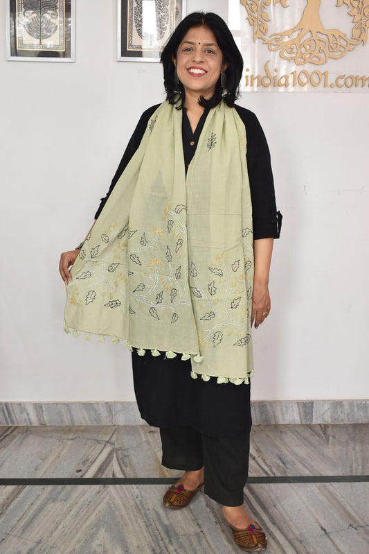 Beautiful Soft Cotton Voile Stole with Kantha work & hand embroidery & tassels