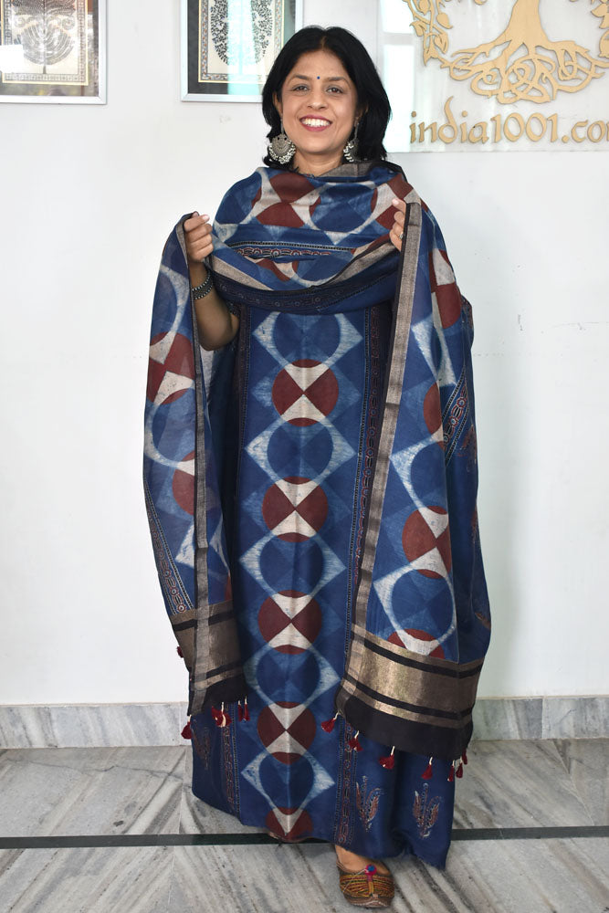 Beautiful Hand Block printed Kutch Ajrakh Chanderi Kurta and Lagdi patta dupatta set