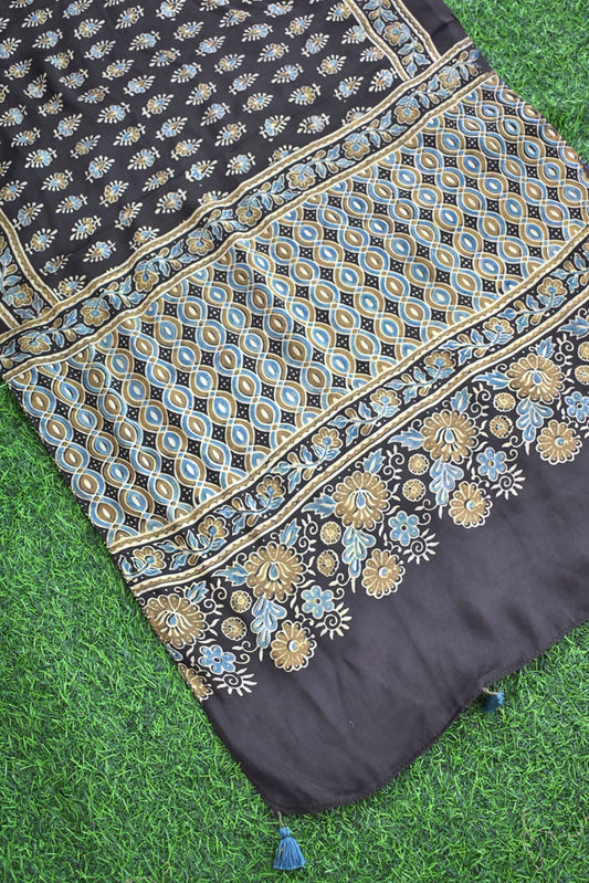 Beautiful Hand Block Printed Ajrakh Modal Silk stole with Tassels