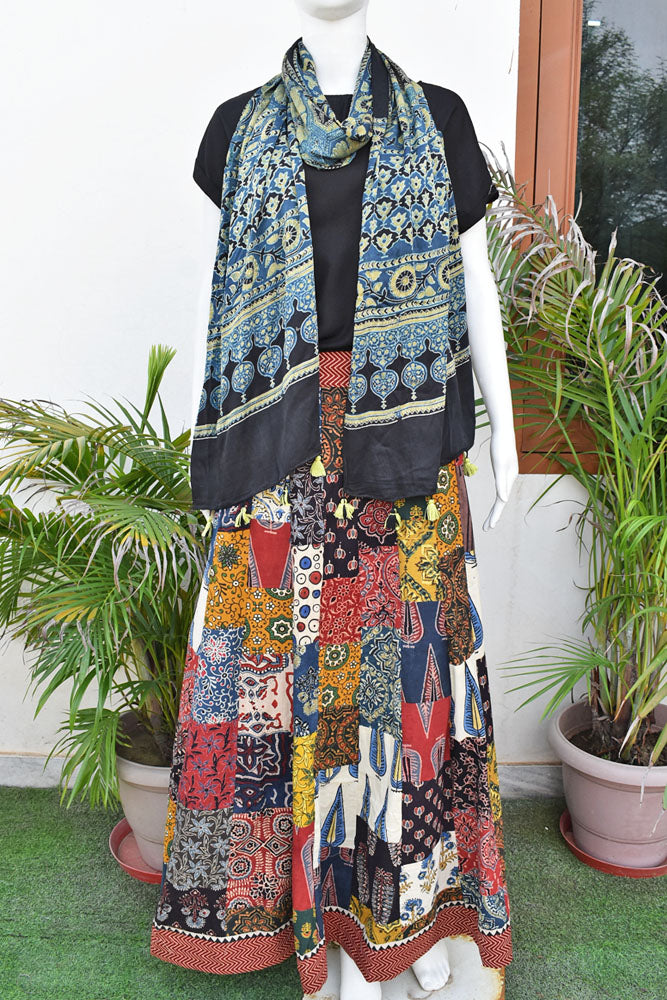 Beautiful Ajrakh Hand Block Printed Patch Work Cotton Long Skirt with Stitched borders