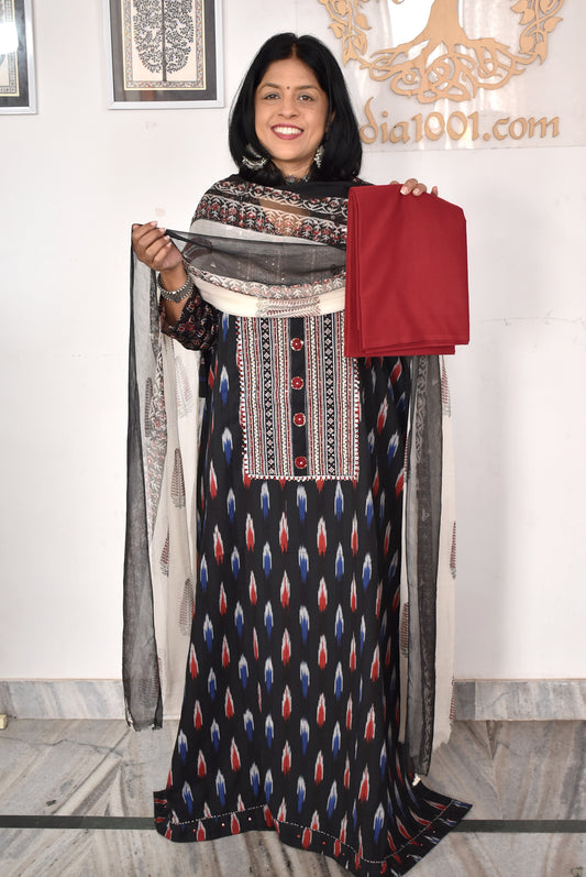 Elegant Handwoven Ikkat Cotton Unstitched Suit with Ajrakh patch ,Intricate Hand Embroidery block print dupatta