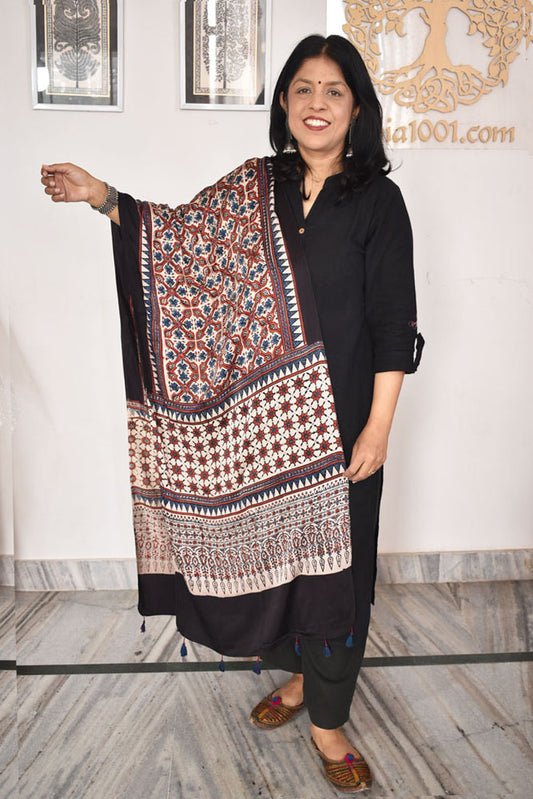 Beautiful Hand Block Printed Ajrakh Modal Silk stole with Tassels