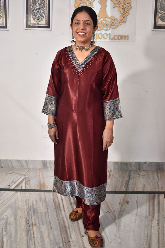 Beautiful Mashru Silk Kurta with Ajrakh patch Kutch & mirror work size with Mashru pant - 38 - 50