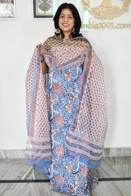 Beautiful Hand Block Printed Cotton unstitched suit fabric with Kota Doria Dupatta