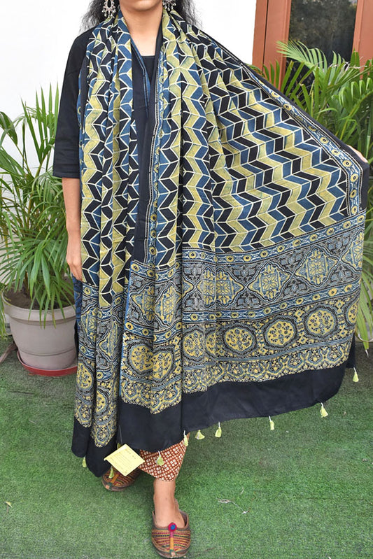 Elegant Modal Silk Ajrakh Block Print Dupatta with Lagdi Palla