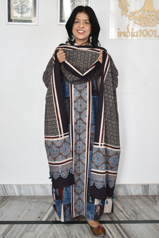 Block Print Ajrakh Cotton Suit with designer Ajrakh neck yoke /panel & Long Stole