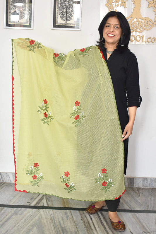 Handcrafted Phool Patti Applique & Hand Crochet work Kota cotton dupatta