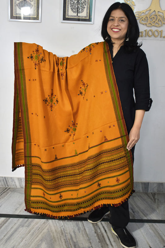 Handwoven Bhujodi Mirror Work Wool Stole / Shawl