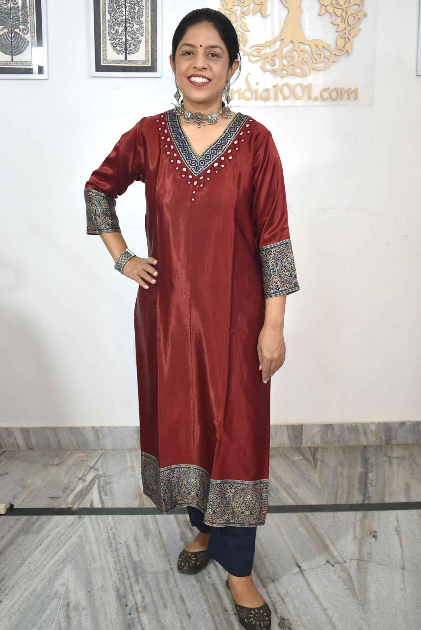 Beautiful Mashru Silk Kurta with Ajrakh patch Kutch mirror work size - 40-46