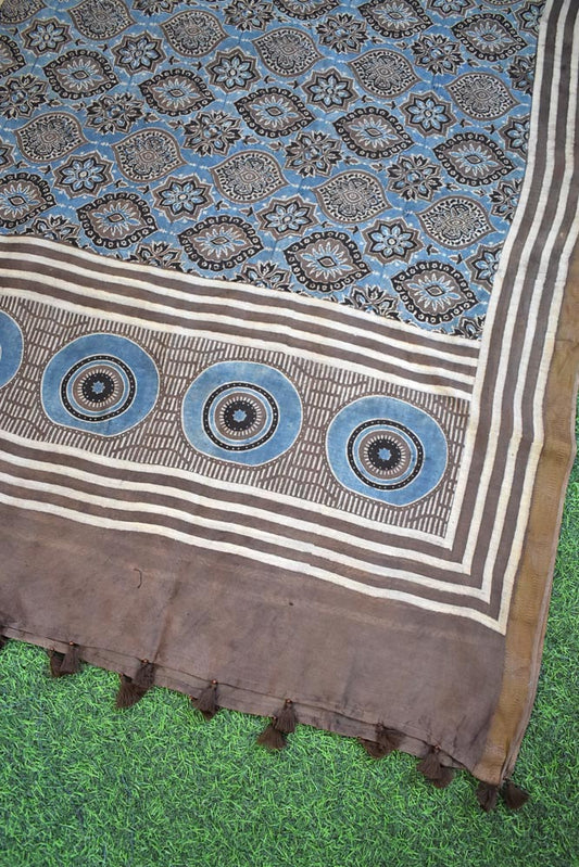 Ajrakh Hand Block Printed Maheshwari cotton silk dupatta