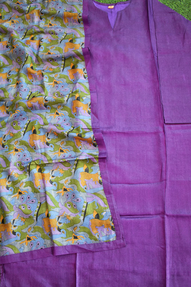 Semi Stitched Block Printed Tussar Silk Dupatta  & Tussar Kurta Fabric