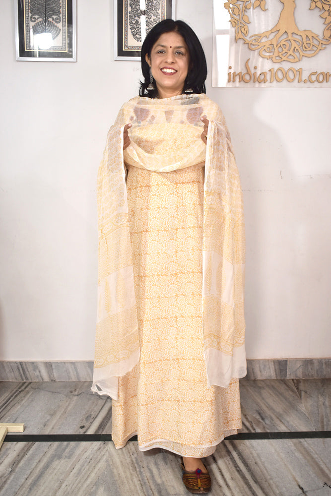 Classic Bagh Block Printed unstitched suit fabric with chiffon dupatta