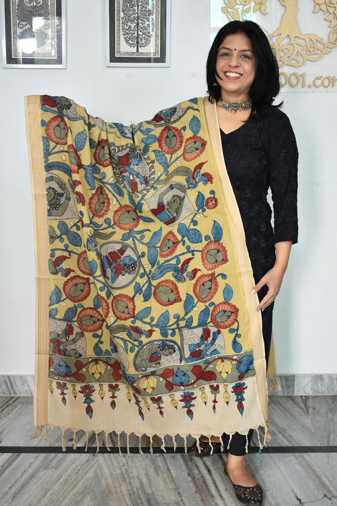 Beautiful Mangalgiri Cotton Pen Kalamkari Dupatta