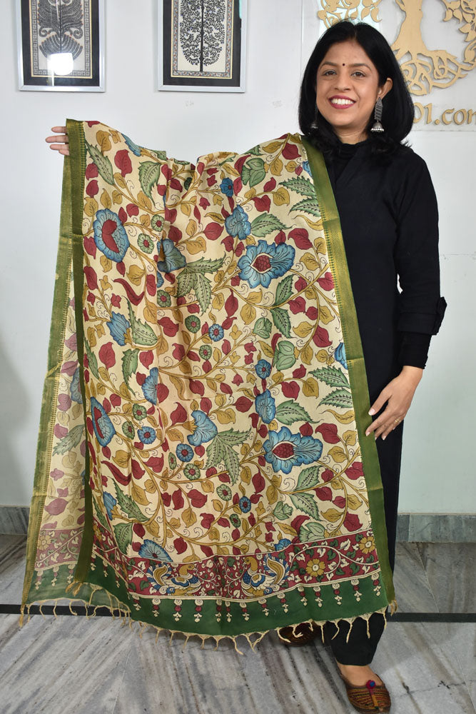 Beautiful Bangalore Cotton Silk Hand Painted Kalamkari Dupatta