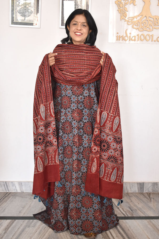 Elegant Hand Block Printed Ajrakh Cotton Unstitched suit fabric